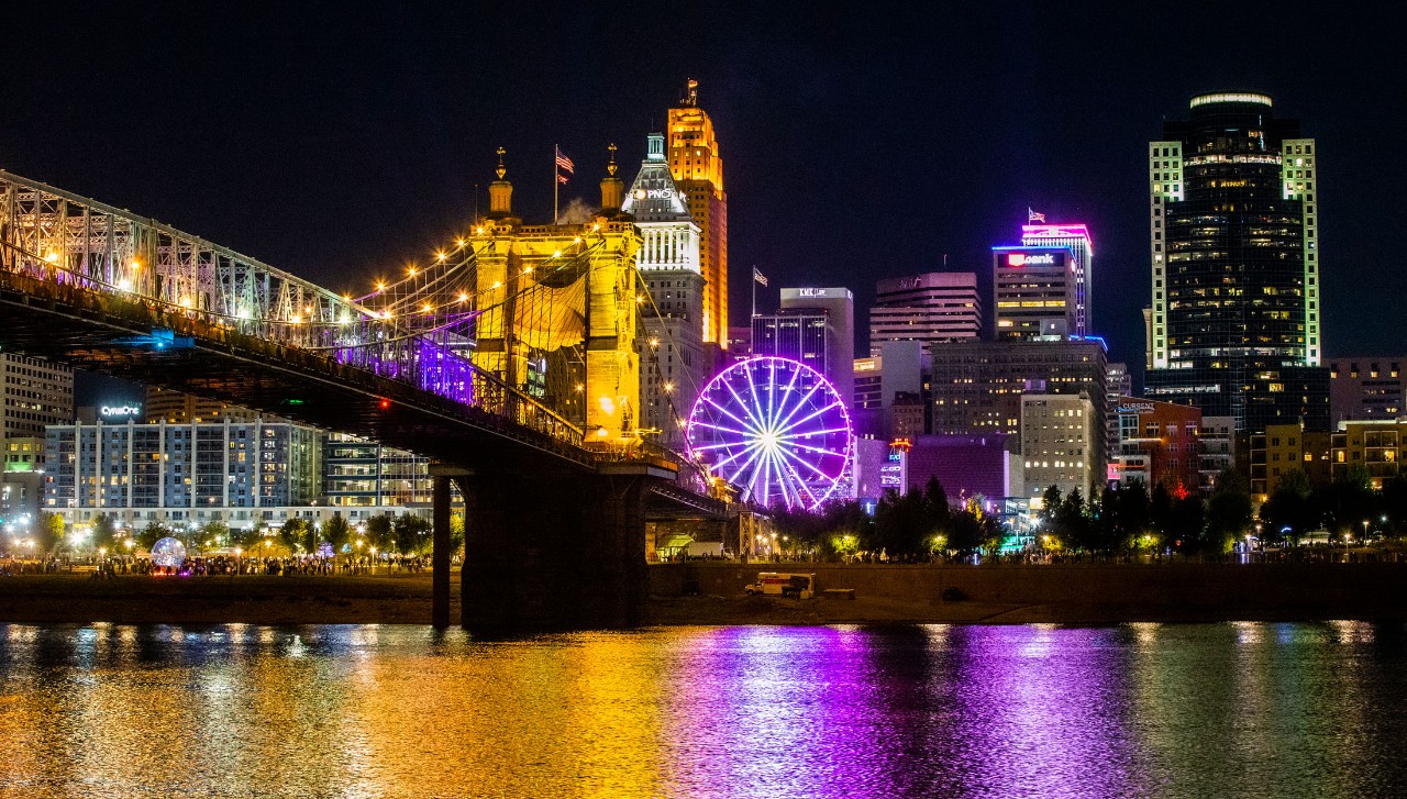 Colorful, illuminated Cincinnati riverfront at night
