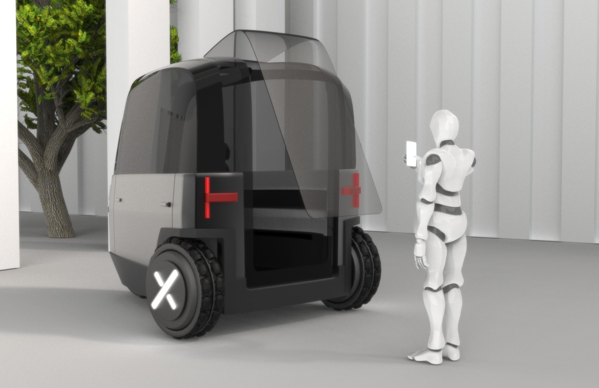 black and white image showing small self driving car with robot driver 