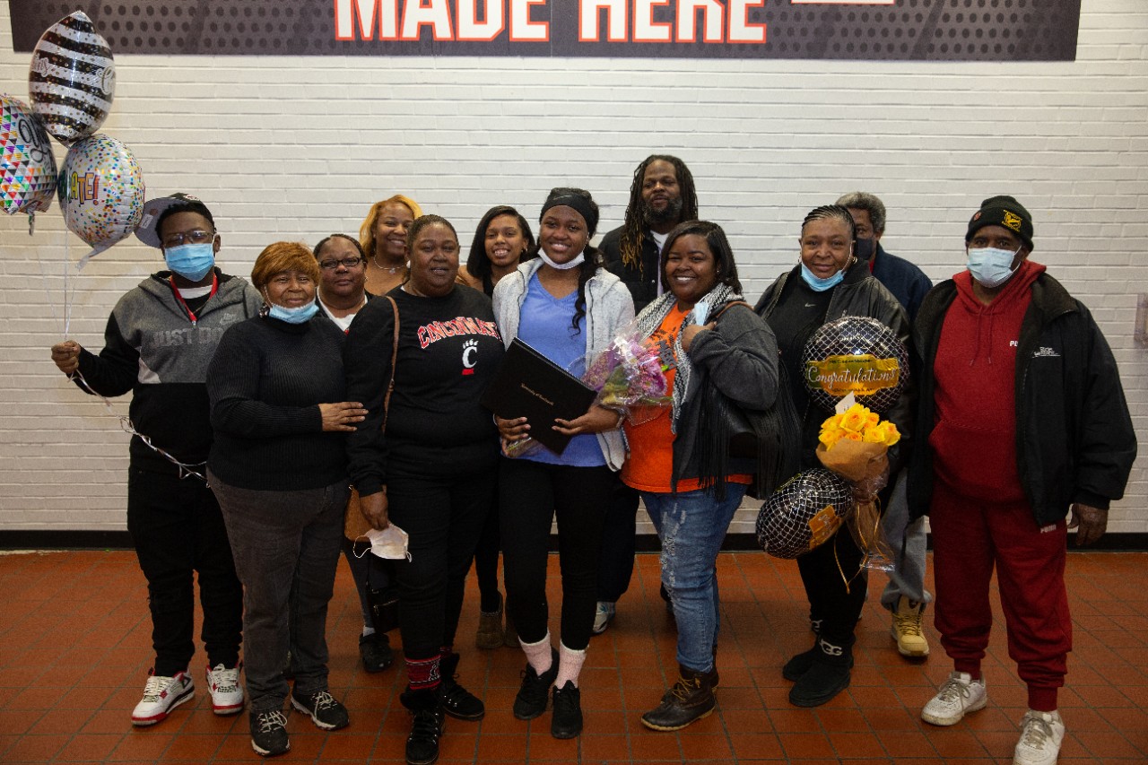 Benya Coleman is joined by family and supporters at Hughes STEM High School after UC announces she is a Marian Spencer Scholar.