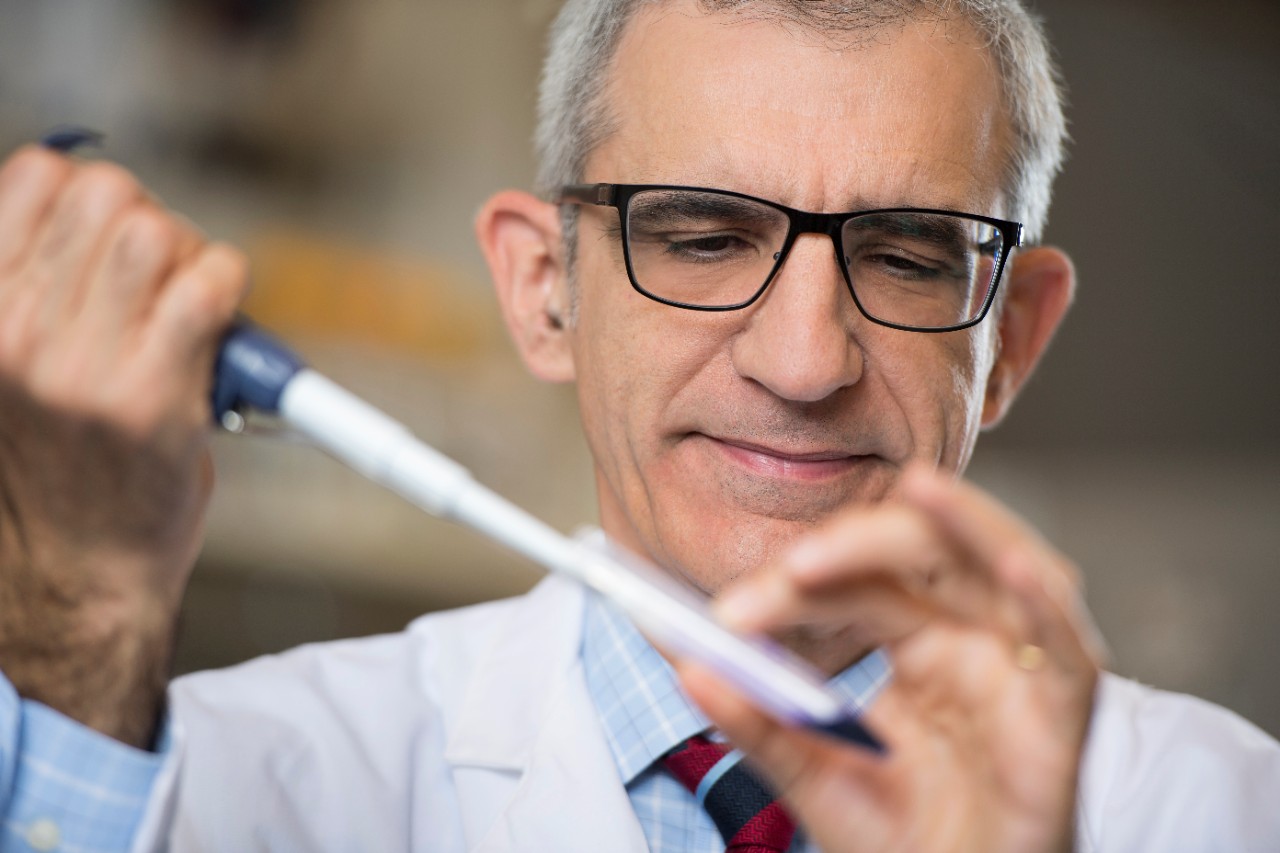 Dr. Scaglioni uses a pipette in the laboratory
