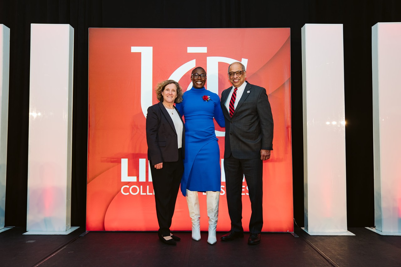 Lindner Dean Marianne Lewis, Lindner alum Annette Echikunwoke and UC President Neville Pinto.