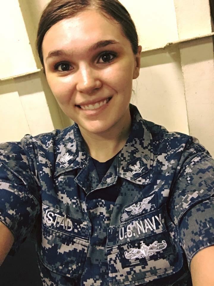 A selfie by Samantha Orme in her Navy camo shirt.