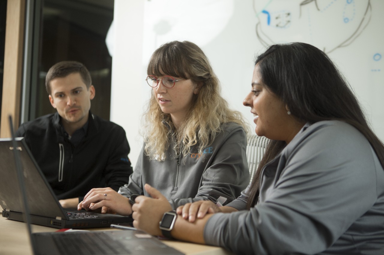 Three UC students shown during their coop experience at AtriCure in Mason in 2020.
