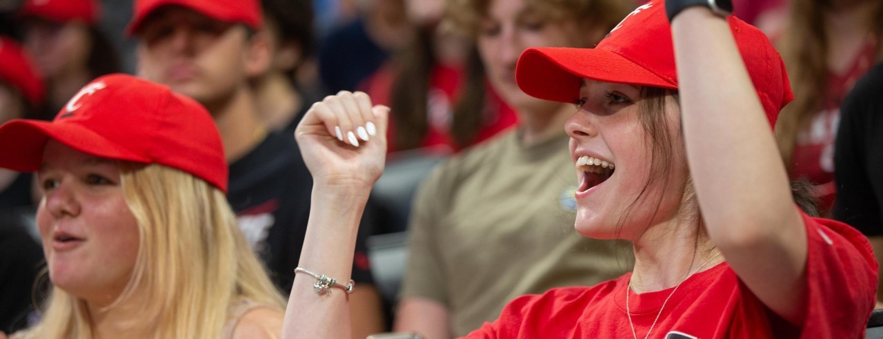 A student does Down the Drive during freshman convocation. 