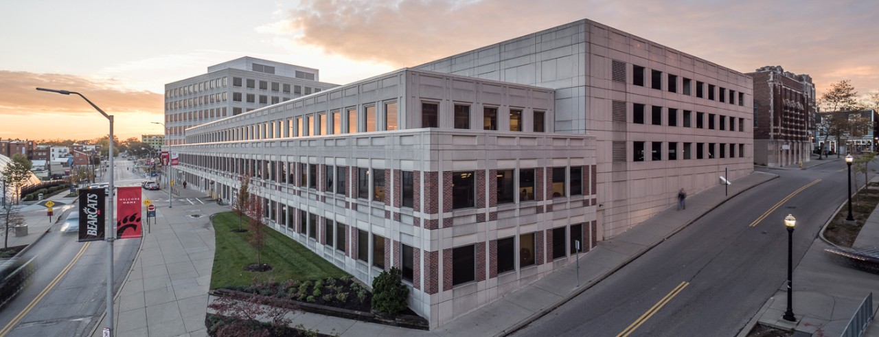An exterior look at UC's Edwards Center from the corner of Jefferson Avenue.
