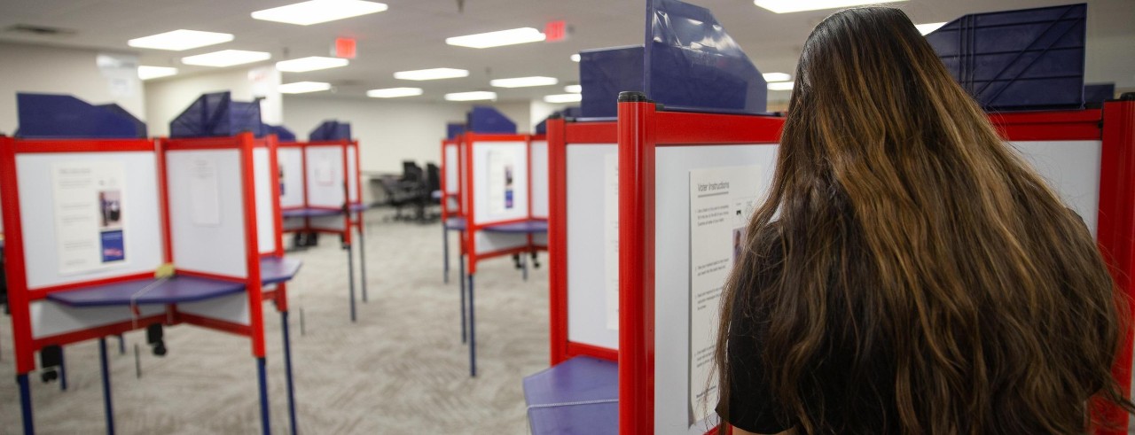 back of woman's head in voting booth