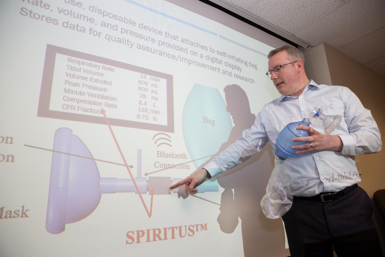 Spiritus is a Venture Lab startup founded by three UC professors. They've created a volume, rate and pressure display for self-inflating breathing bags. The breathing bags are used by paramedics and doctors in emergency situations to help a person breathe. Justin Benoit, associate professor, Department of Emergency Medicine;Jason McMullan, associate professor of clinical emergency medicine;Ephraim Gutmark, distinguished professor of aerospace engineering;Paul Bruggeman, entrepreneur in residence