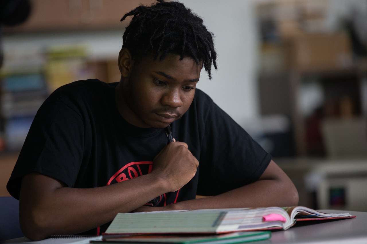 Study, Learning
Heavy film crew captures footage for a Marian Spencer Scholarship video project. Marian Spencer Scholar Jalen Tucker