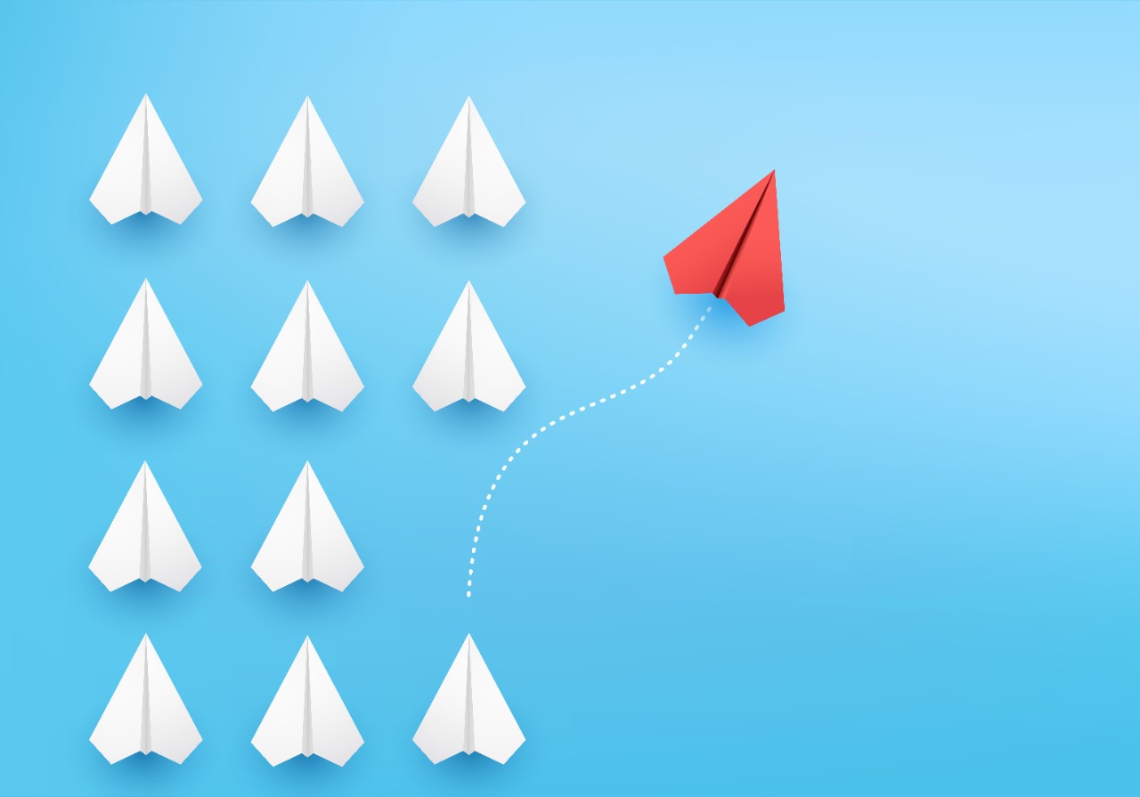 Business concept minimal as group of paper plane in one direction and with one individual pointing in different ways for creative innovative solution on 3D render vector. leadership for new ideas.