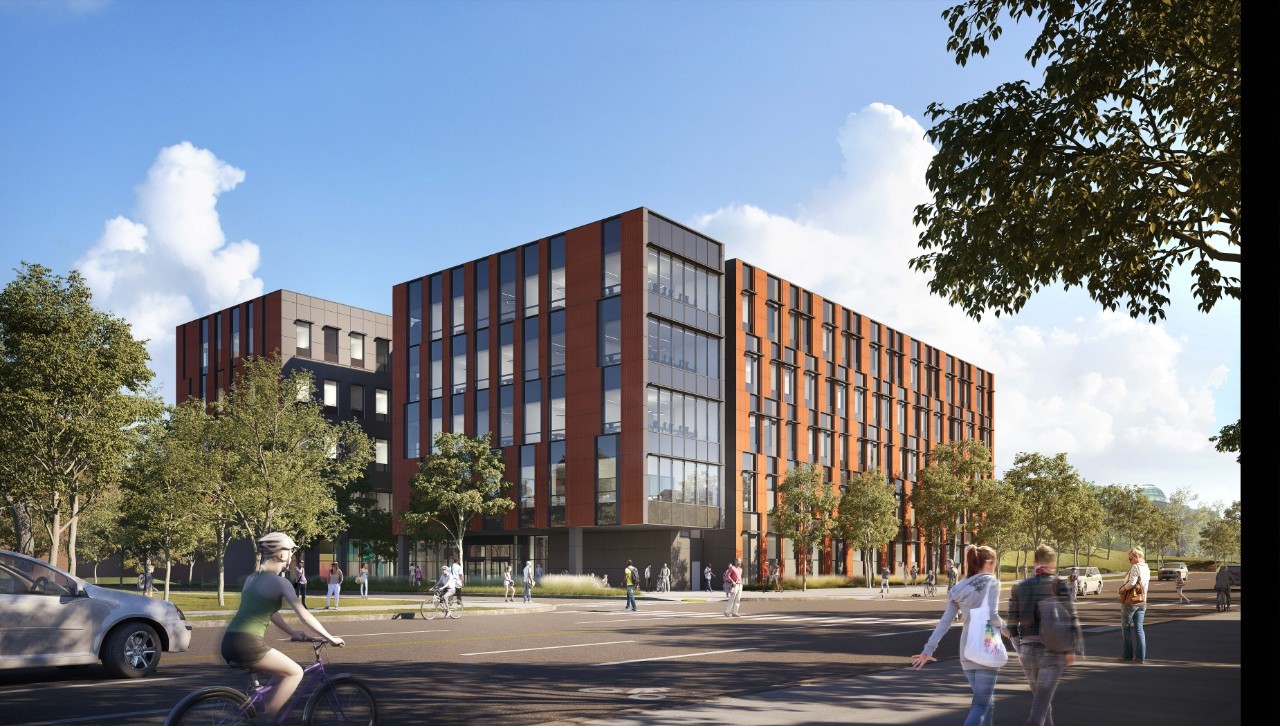 Architect’s rendering of a two-part, rectangular building of glass and orange-red brick