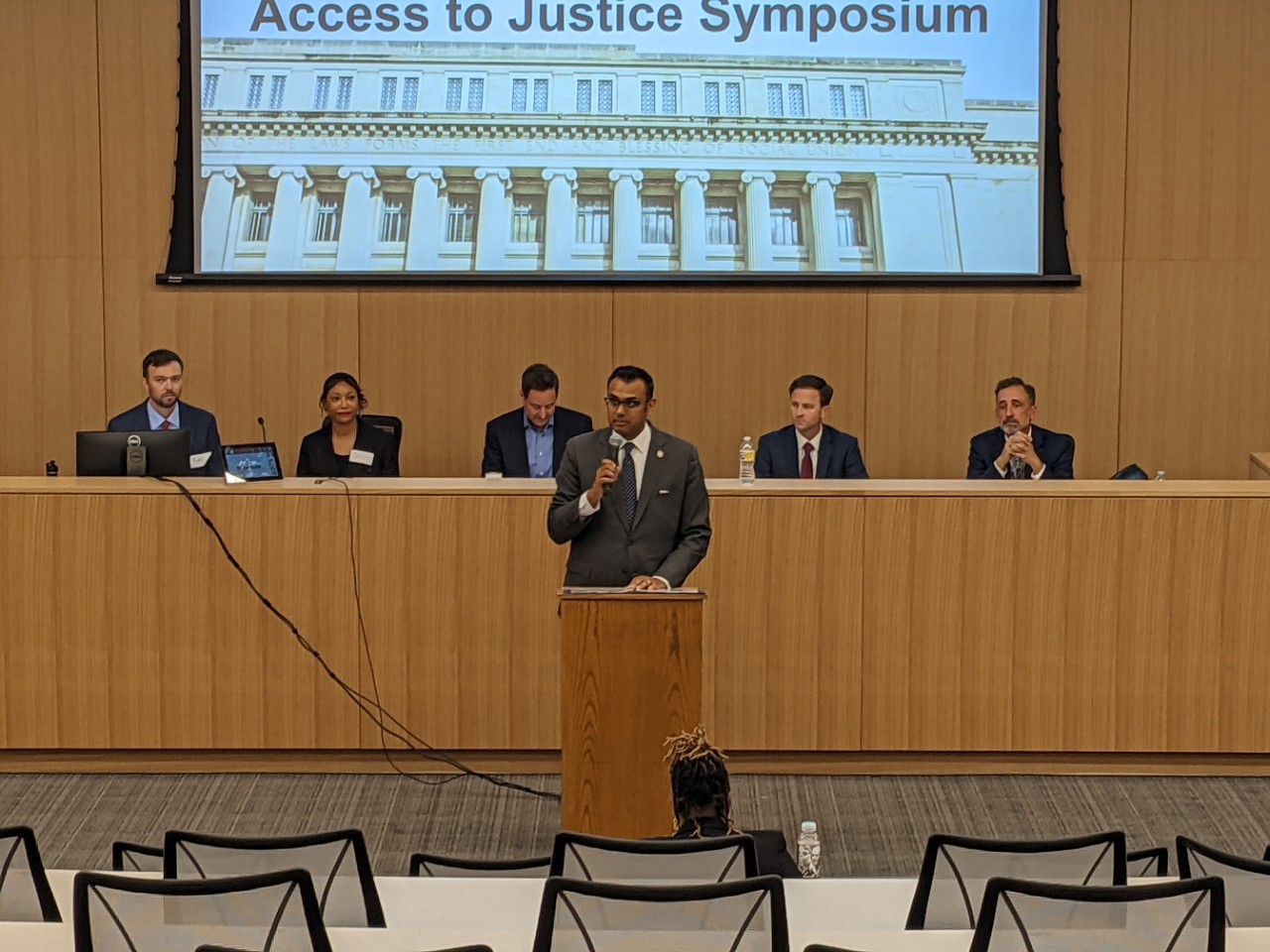 Hamilton County Clerk of Courts Pavan Parikh shown before a panel of experts during the Access to Justice symposium at UC Law.