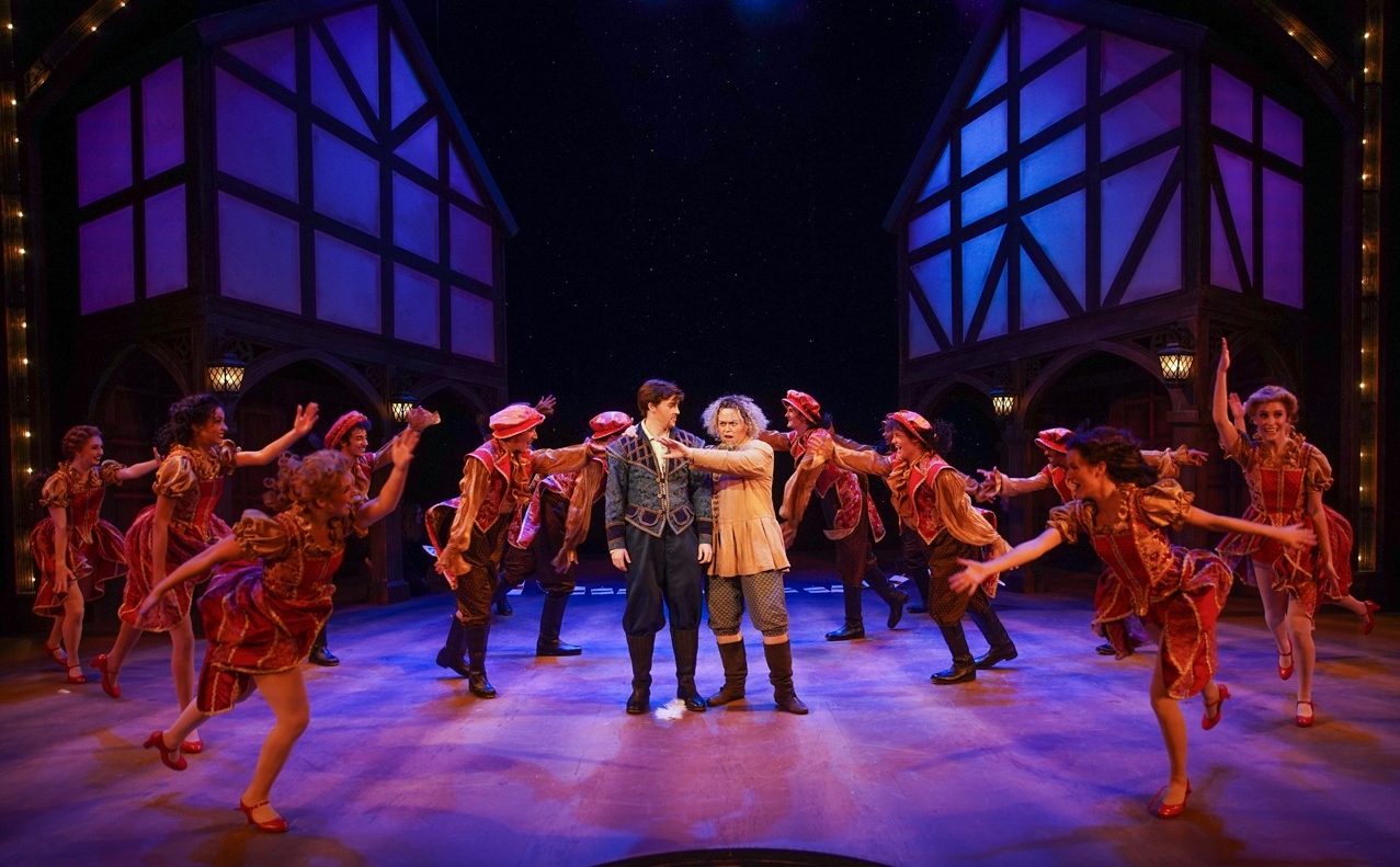 A group of students in Renaissance clothes dance in a dress rehearsal photo from CCM's Oct. 2022 production of "Something Rotten!" Photo/Mark Lyons