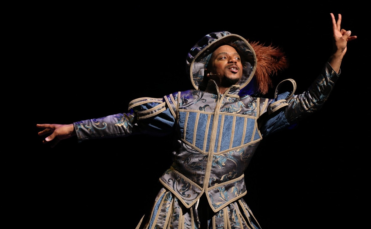 A student in Renaissance clothes in a dress rehearsal photo from CCM's Oct. 2022 production of "Something Rotten!" Photo/Mark Lyons