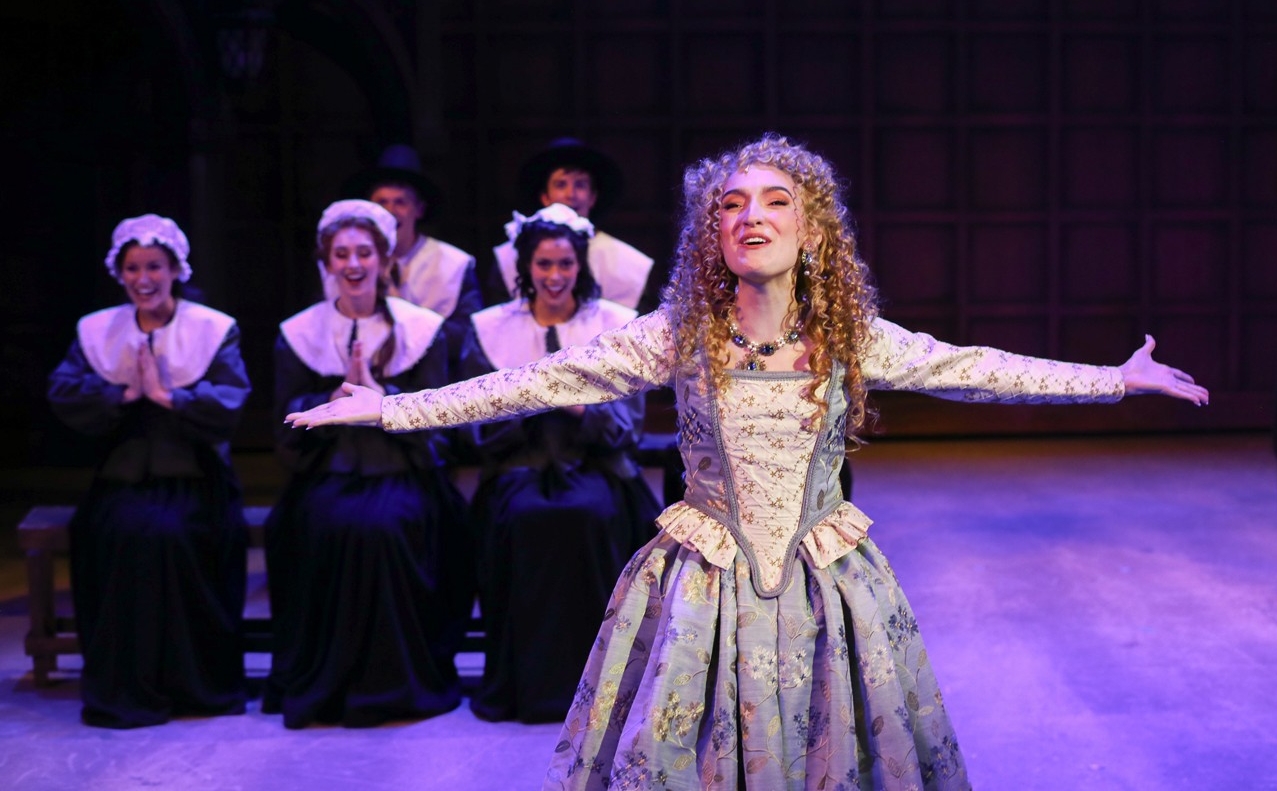 A group of students in Renaissance clothes dance in a dress rehearsal photo from CCM's Oct. 2022 production of "Something Rotten!" Photo/Mark Lyons