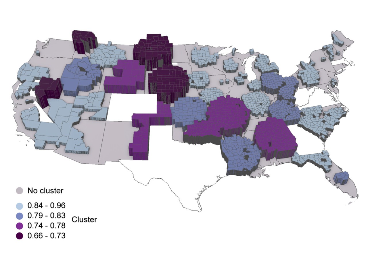 A county map of the contiguous United States shows vaccinations with most of the country in lighter blue for higher rates of vaccination and some states in the west and south in dark purple reflecting the lowest rates of vaccination.