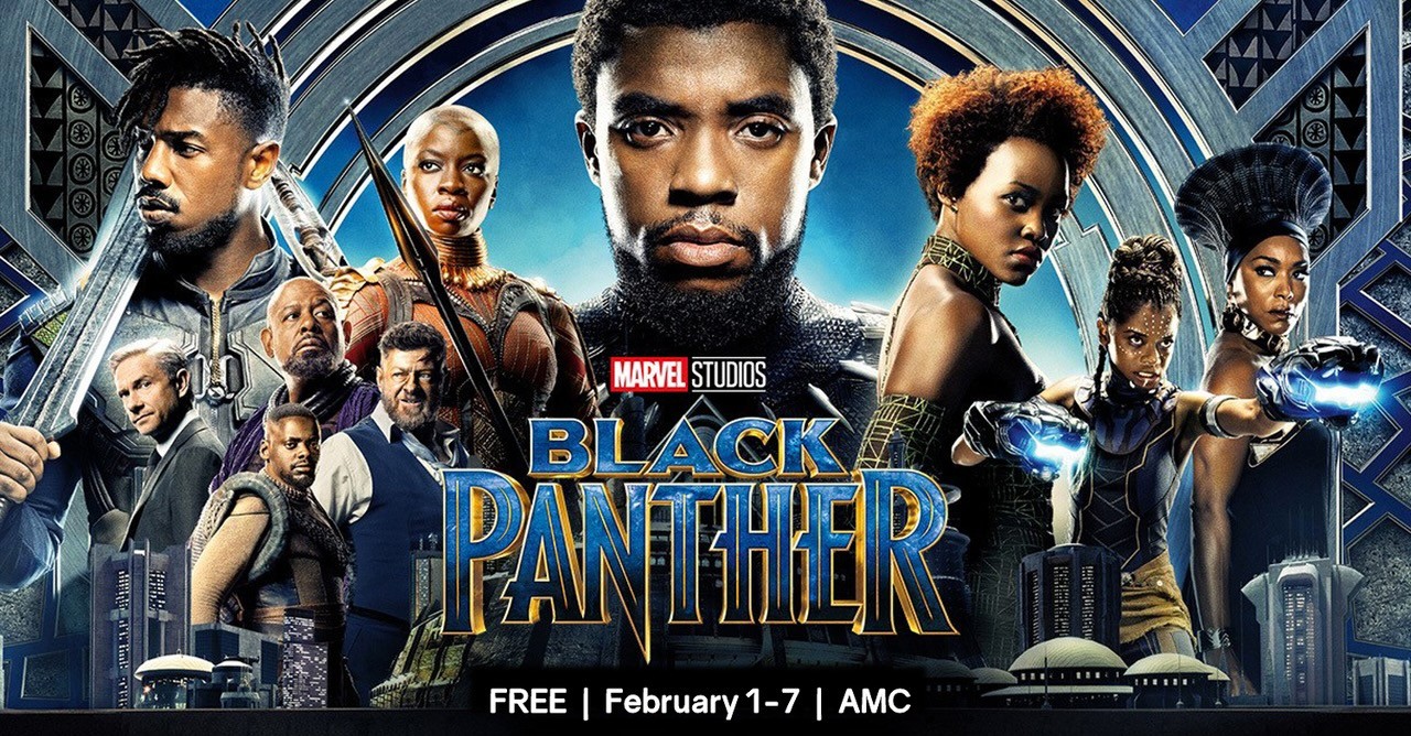 Poster showing Avengers characters with the words, "Black Panther, free February 1-7 | AMC."