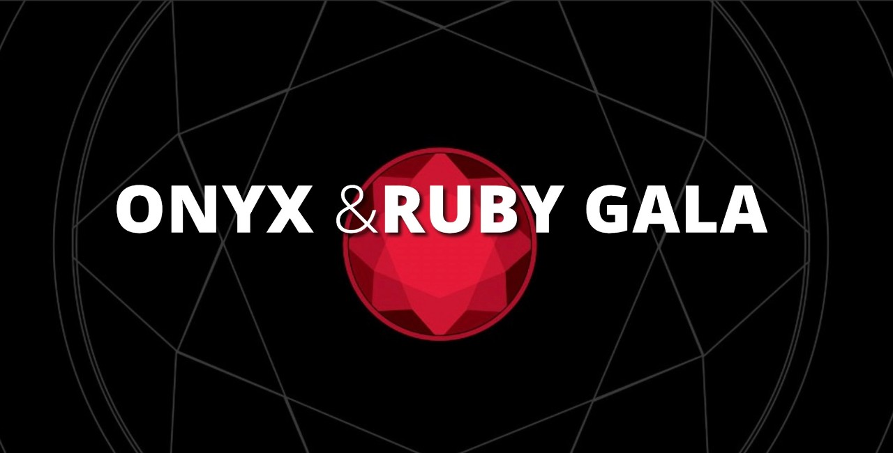 Black background with red diamond shape in front with words saying, "Onyx & Ruby Gala."