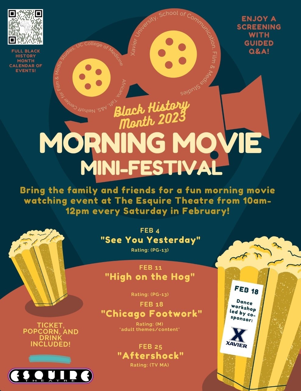 Illustrated Morning Movie poster showing two bags of popcorn and a movie camera. Words on the poster support Black History Month 2023.