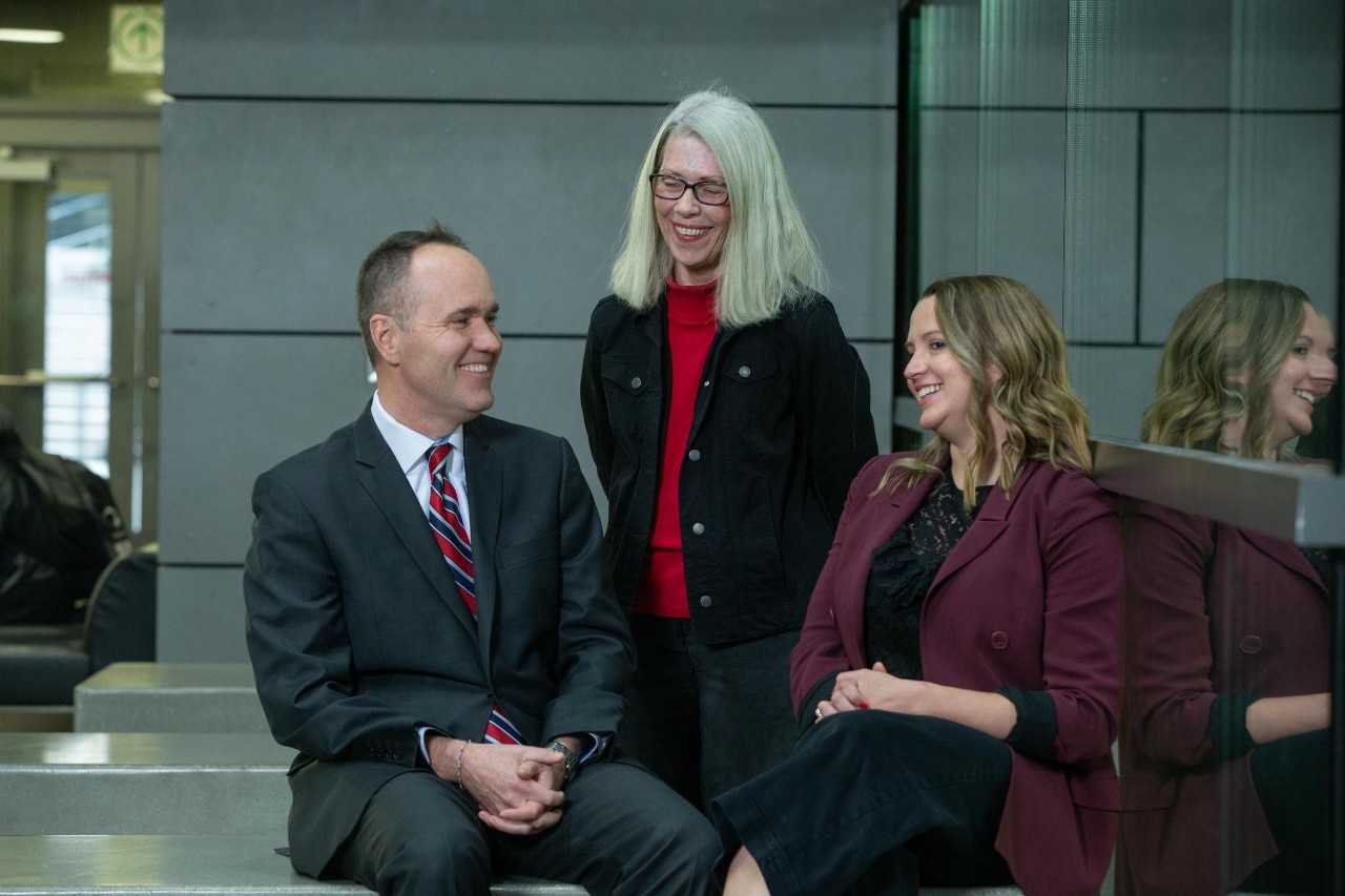 Lindner College of Business faculty members Kevin Hardy, Elaine Hollensbe, and Laurens Steed, photographed for a story about the Future of Work.