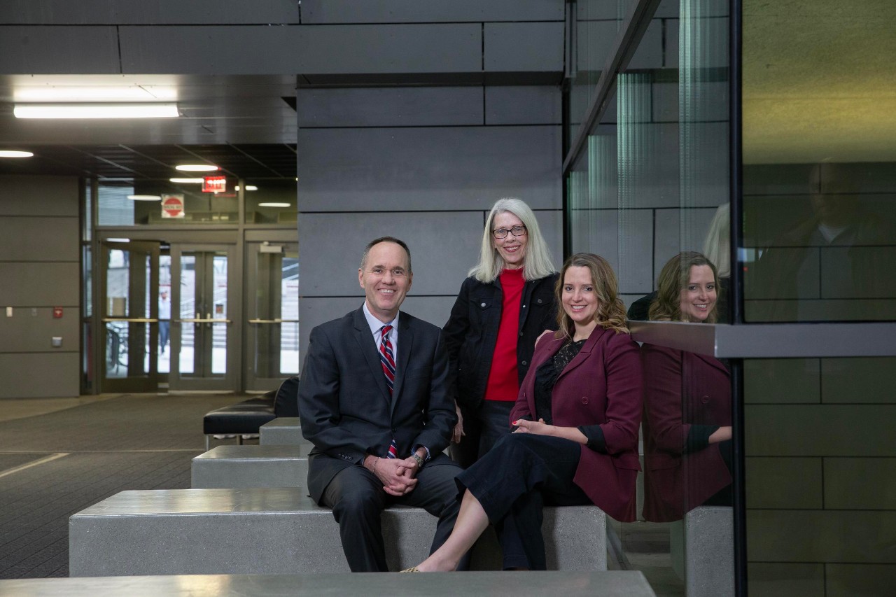 Lindner College of Business faculty members Kevin Hardy, Elaine Hollensbe, and Laurens Steed, photographed for a story about the Future of Work.