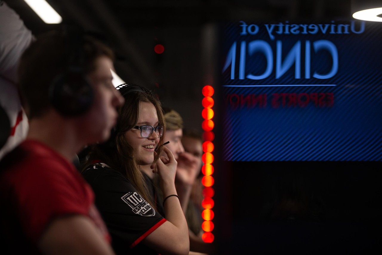 Students playing a video game in the Esports Innovation Lab inside the UC 1819 Innovation Hub 