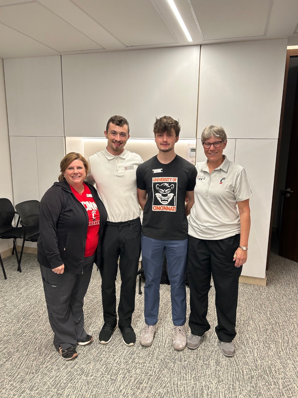 From left: Carolyn Shisler, assistant professor and director of UC Clermont’s physical therapist assistant program; PTA student Jesse Anderson; PTA student Brennan Wages; and Rose Smith, professor emeritus from UC’s Doctor of Physical Therapy program. 