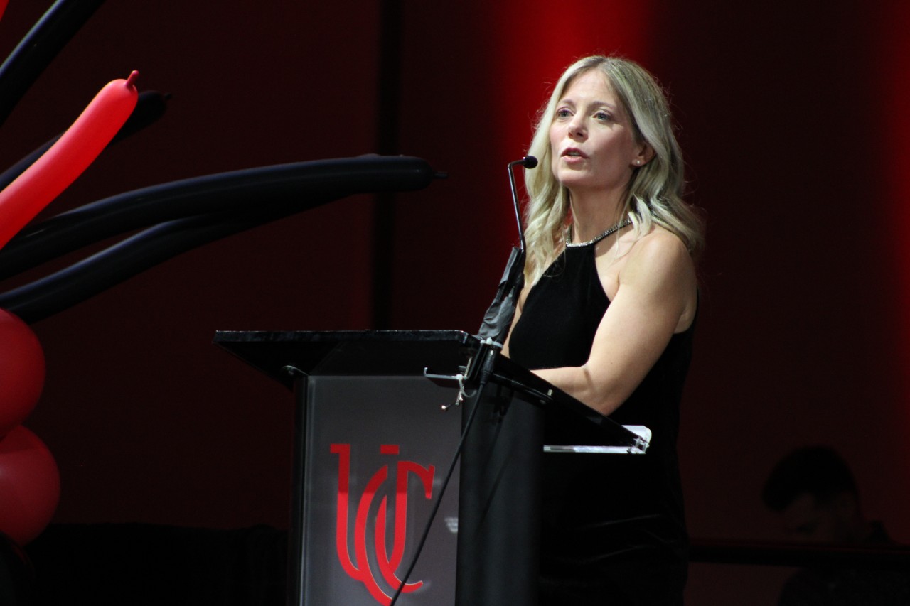 Cristina Carnahan, Director of Advancement and Transition Services, speaks at the sixth-annual Red and Black Blast. Photo/provided