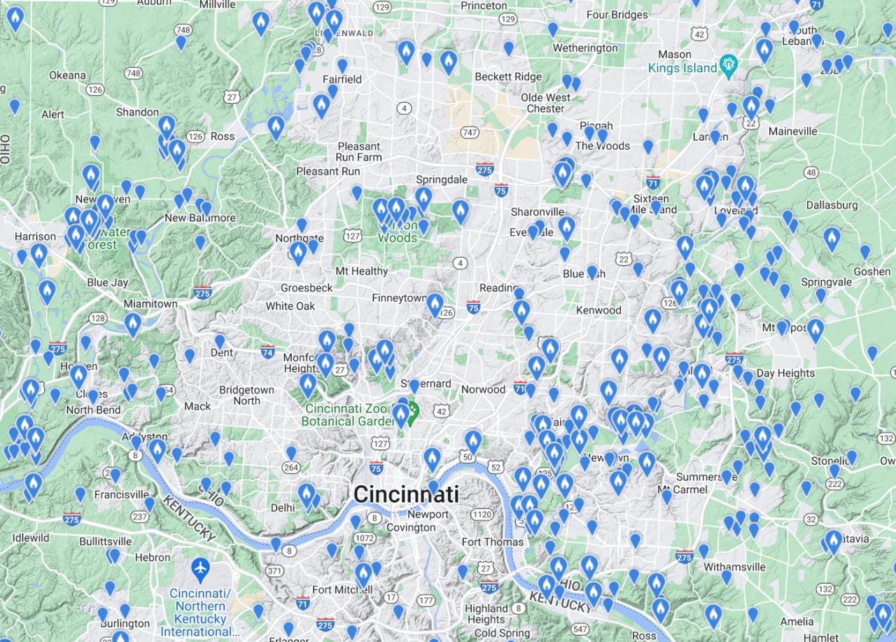 A map of Hamilton County shows where pileated woodpeckers have been seen.