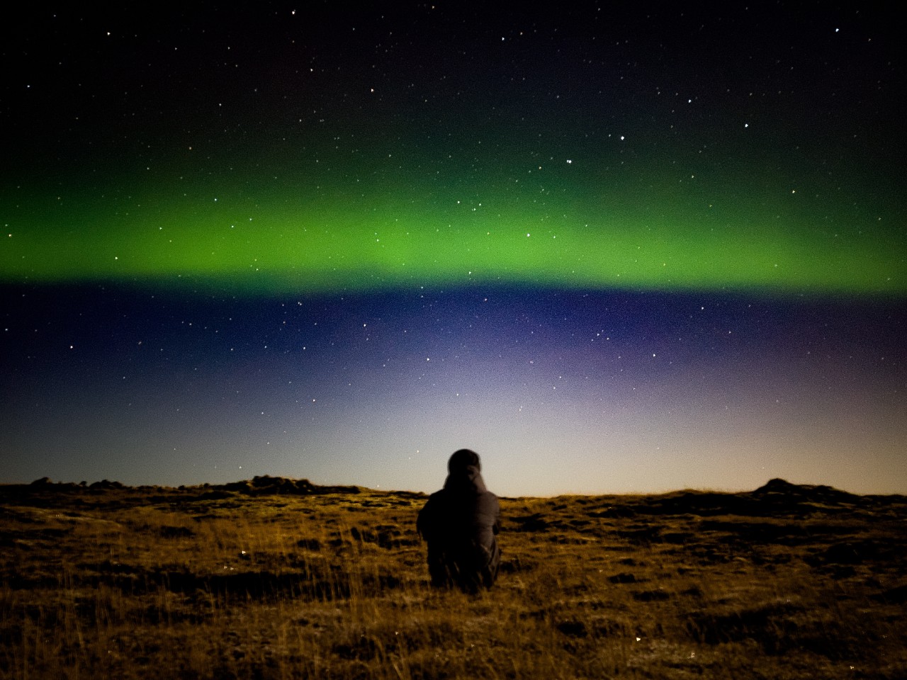 A man, back turned to the camera, sits in a field and looks at the Northern Lights in the night sky.