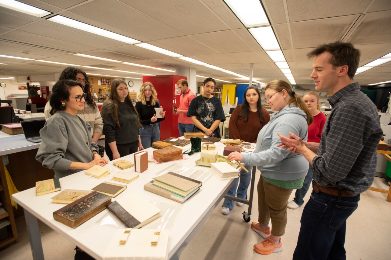 University of Cincinnati professor Christopher Platts honor class visited UC Preservation Lab at Langsam Library. Thursday April 6, 2023. Photos by Joseph Fuqua II