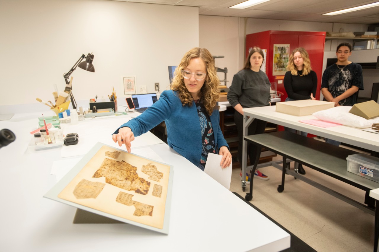 University of Cincinnati professor Christopher Platts honor class visited UC Preservation Lab at Langsam Library. Thursday April 6, 2023. Photos by Joseph Fuqua II