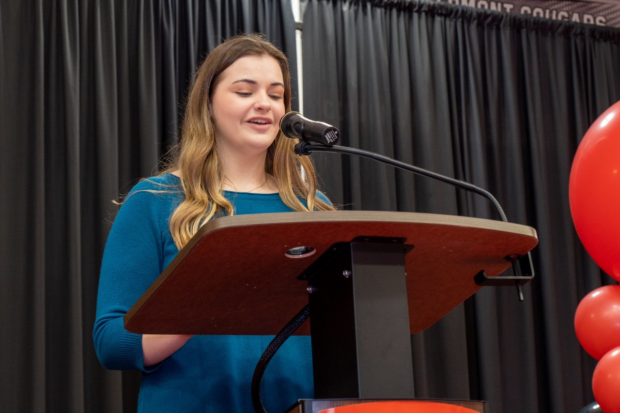 UC Clermont alumna and scholarship recipient Ayla Deck thanks donors at the college's Community Celebration Luncheon in March. 