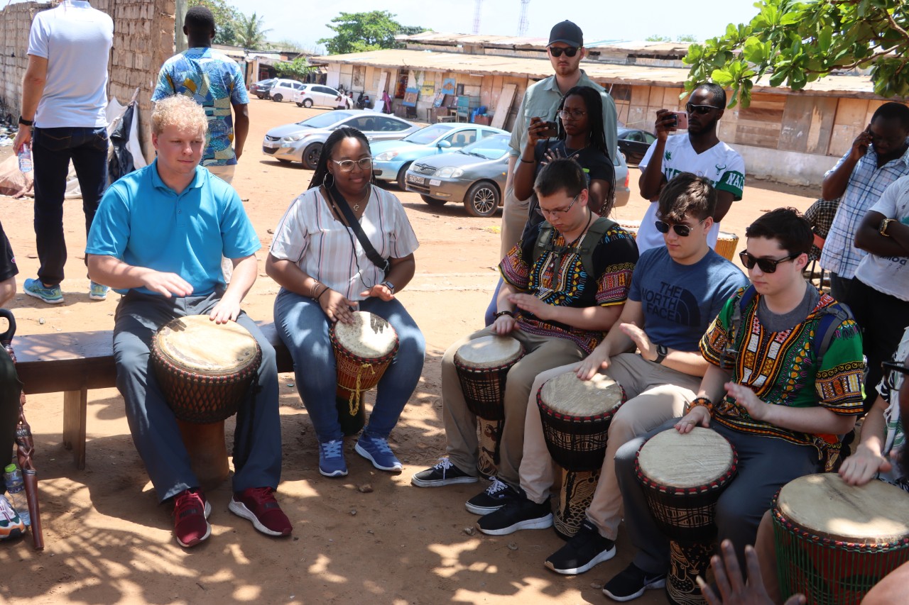 Students participate in Ghanaian drumming lesson