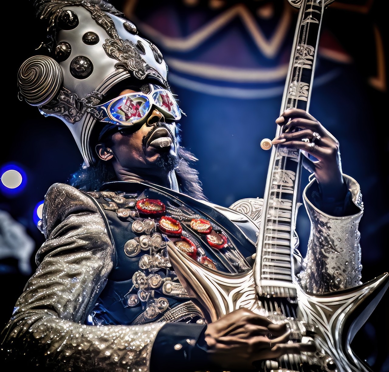Bootsy Collins playing the bass guitar 