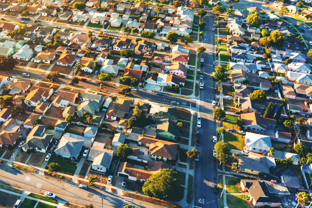 An aerial view of houses in Los Angeles.