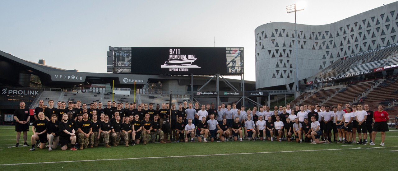 U.S. Army ROTC students posed for a photo during the annual 9/11 Memorial Run at Nippert Stadium Monday September 11, 2023. Veterans Programs & Services Office, who organized the event with UC’s Army and Air Force ROTC detachments. Hundreds scale Nippert Stadium stairs in vow never to forget the victims of the Sept. 11, 2001, terrorist attacks. Photos by Joseph Fuqua II