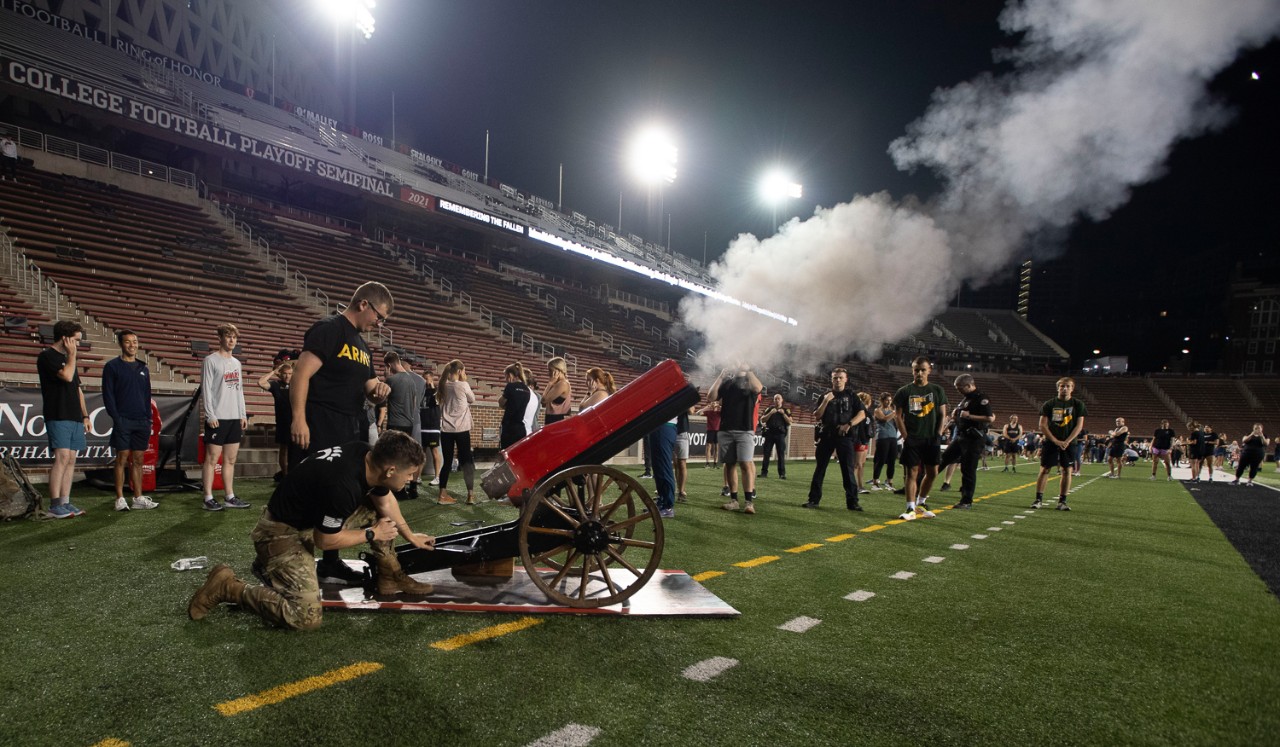 U.S. Army ROTC students fired a cannon signaling the start of the annual 9/11 Memorial Run at Nippert Stadium Monday September 11, 2023. Veterans Programs & Services Office, who organized the event with UC’s Army and Air Force ROTC detachments. Hundreds scale Nippert Stadium stairs in vow never to forget the victims of the Sept. 11, 2001, terrorist attacks. Photos by Joseph Fuqua II 