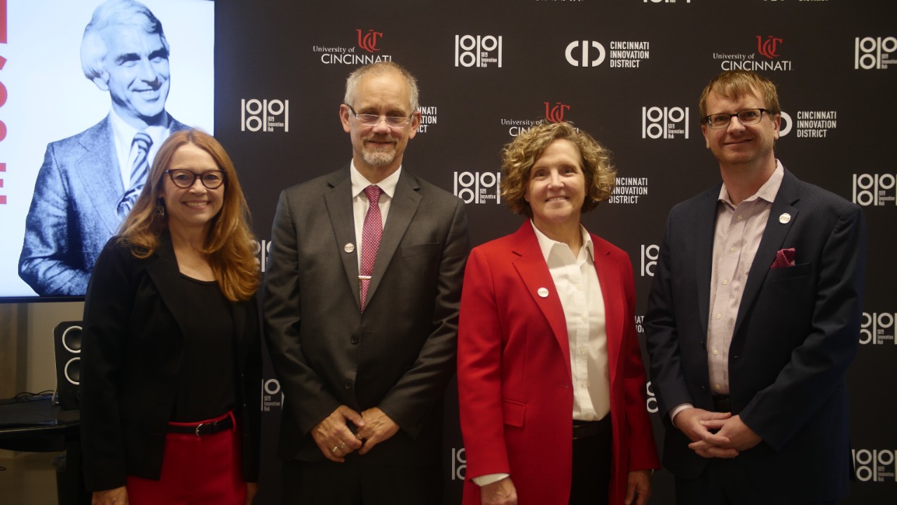 Distinguished UC speakers at the Warren Bennis Leadership Institute, left to right, Donna Chrobot-Mason, Thornburgh Academic Director of the Warren Bennis Leadership Institute; Valerio Ferme, provost; Marianne Lewis, dean and professor of management at the Carl H. Lindner College of Business; and Ryan Hays, executive vice president and chief innovation and strategy officer. 