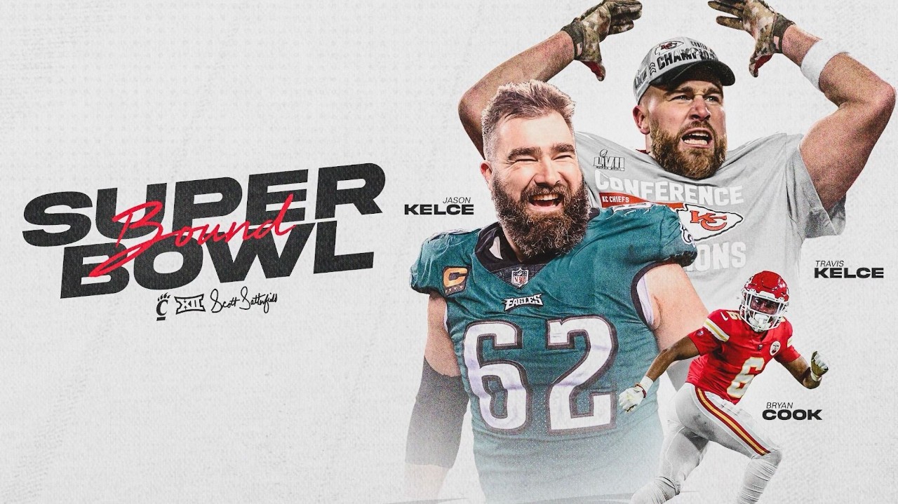 Collage of player photos of Jason Kelce, Travis Kelce and Bryan Cook, who all played in Super Bowl LVII