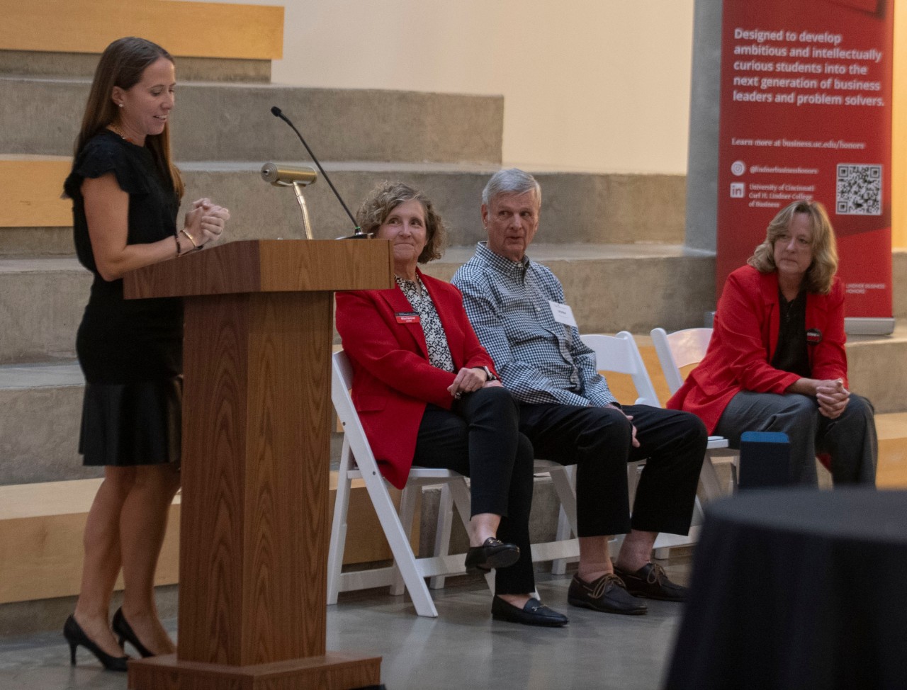 People enjoyed the University of Cincinnati Lindner Business Honors Homecoming event at Lindner College of Business Wednesday October 11, 2023. Photos by Joseph Fuqua II