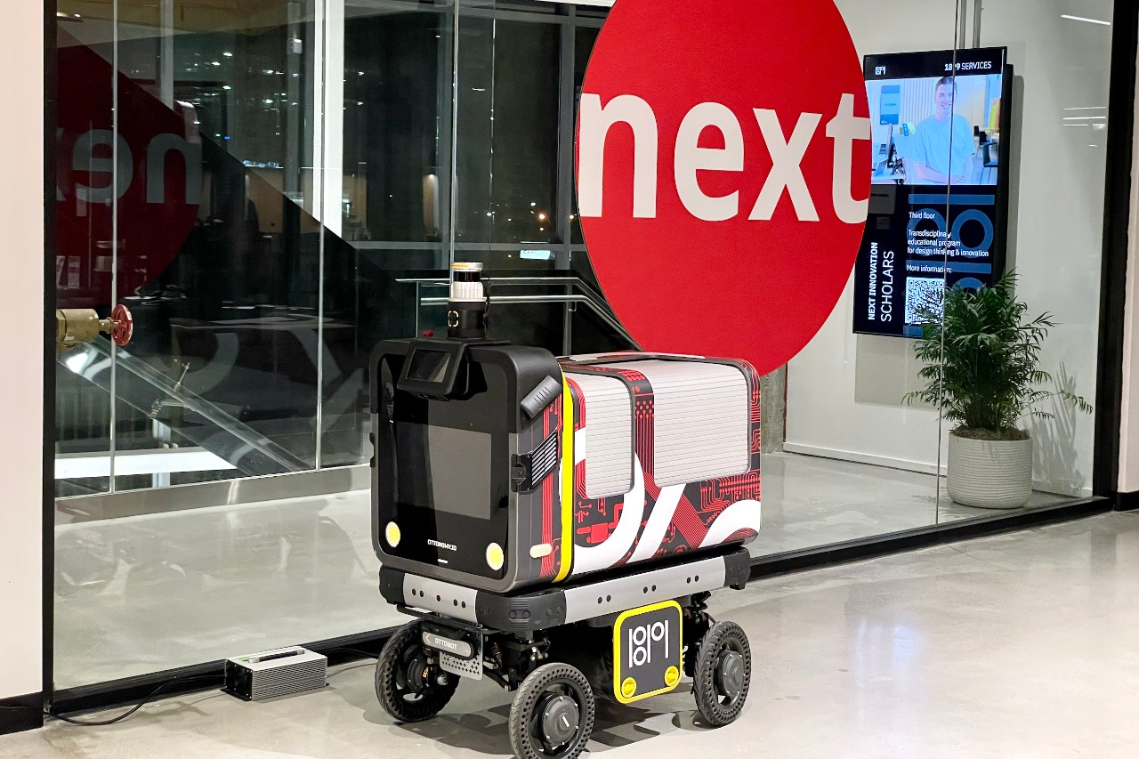Otto the robot is parked inside UC's 1819 iHub.