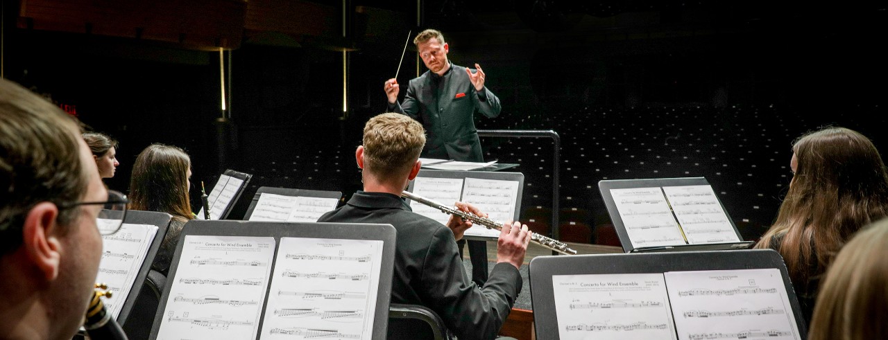 The CCM Wind Symphony rehearses in Corbett Auditorium. 