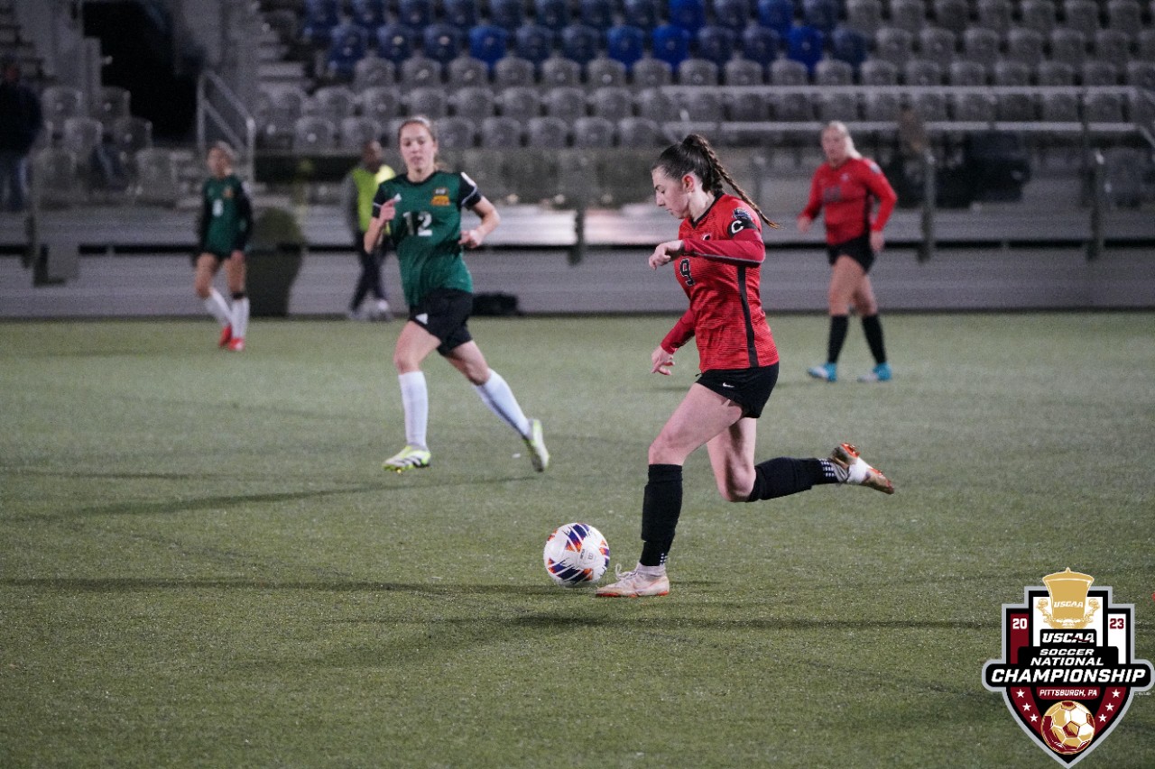 Sophomore midfielder Jordan Geis controls the ball during the USCAA national tournament. 