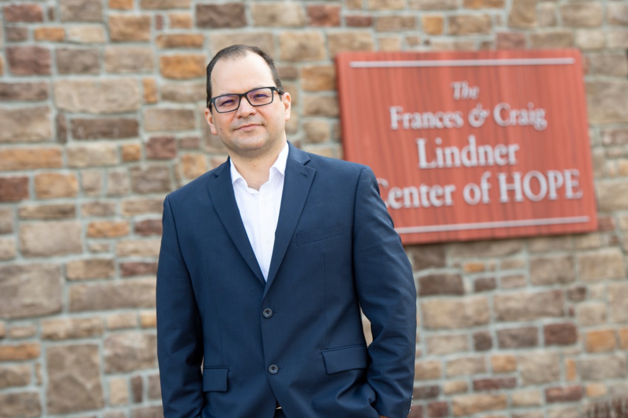 Francisco Romo-Nava, MD, PhD, in his research area at the Lindner Center of Hope.  Dr. Romo-Nava received patent to study ways to stimulate the spinal cord to treat depression.  