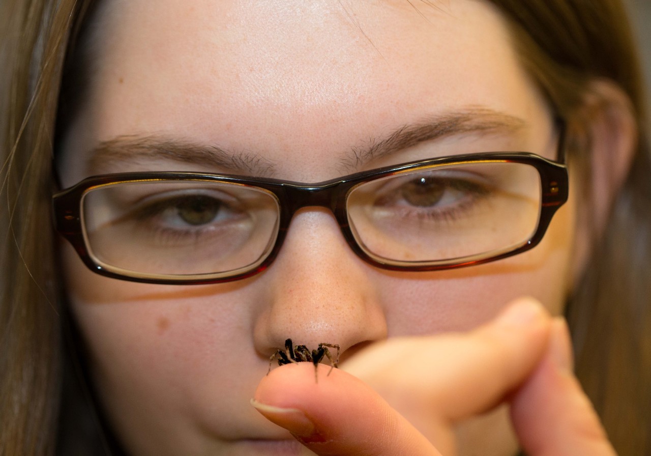 A student holds a tiny wolf spider on her finger in front of her face.