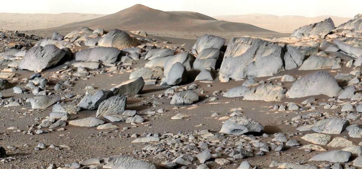 A panorama of the rocky surface of Mars at Jezero Crater.