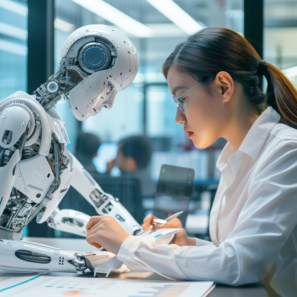 An AI-created image of a woman collaborating with a robot. 