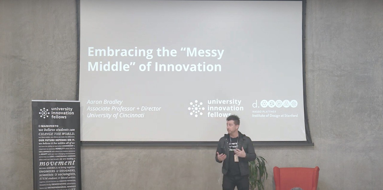 Aaron Bradley delivers a TED-style talk to University Innovation Fellows at Standford University  d.school. Photo/NIS