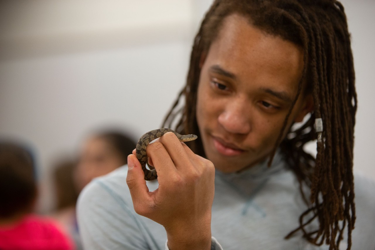 A student peers down at a tiny snake in his hand.