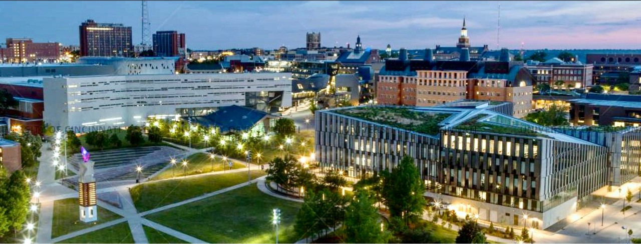 Aerial view of UC's campus over Sigma Sigma Commons and LCOB.